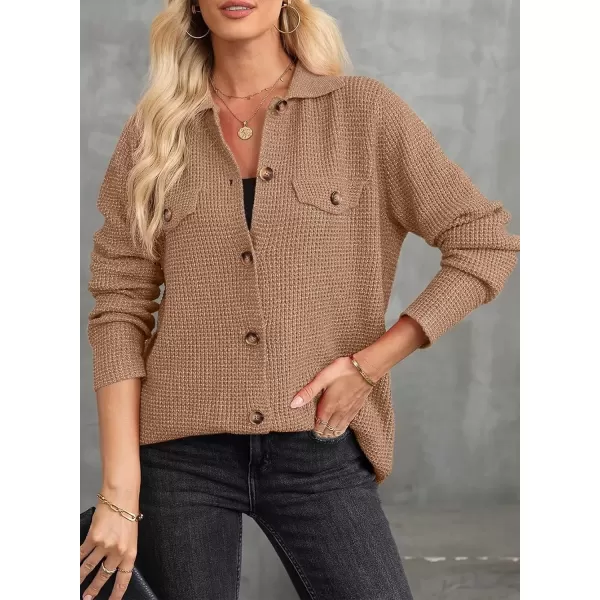 imageAstylish Women 2024 Waffle Knit Shacket Jacket Casual Long Sleeve Sweater Button Down Shirts Dressy Blouse TopsLight French Beige