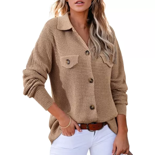 imageAstylish Women 2024 Waffle Knit Shacket Jacket Casual Long Sleeve Sweater Button Down Shirts Dressy Blouse TopsLight French Beige