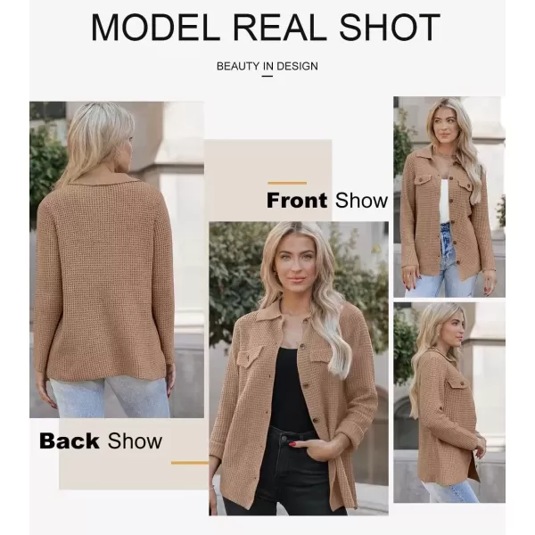 imageAstylish Women 2024 Waffle Knit Shacket Jacket Casual Long Sleeve Sweater Button Down Shirts Dressy Blouse TopsLight French Beige
