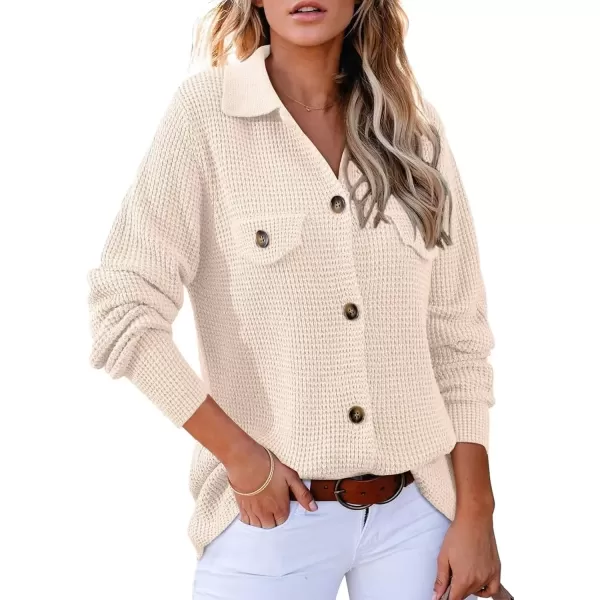 imageAstylish Women 2024 Waffle Knit Shacket Jacket Casual Long Sleeve Sweater Button Down Shirts Dressy Blouse TopsOatmeal