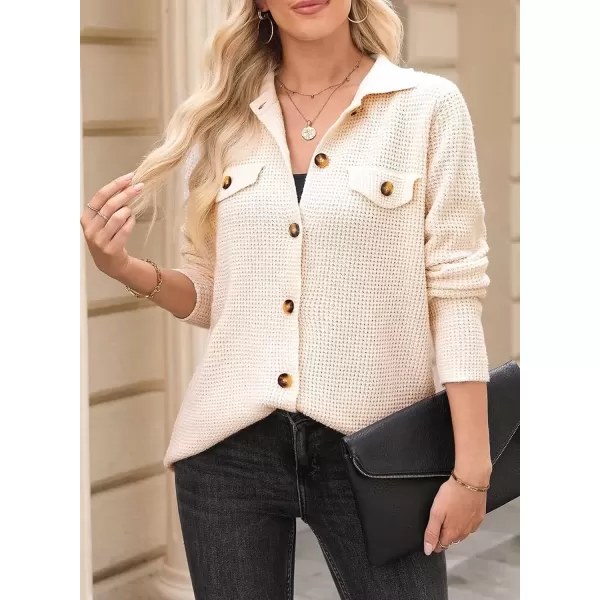 imageAstylish Women 2024 Waffle Knit Shacket Jacket Casual Long Sleeve Sweater Button Down Shirts Dressy Blouse TopsOatmeal
