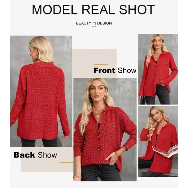 imageAstylish Women 2024 Waffle Knit Shacket Jacket Casual Long Sleeve Sweater Button Down Shirts Dressy Blouse TopsRacing Red