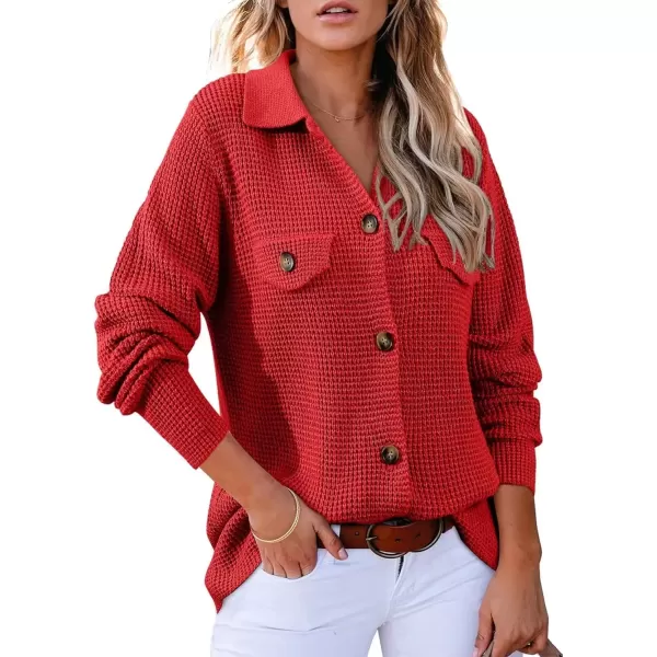 imageAstylish Women 2024 Waffle Knit Shacket Jacket Casual Long Sleeve Sweater Button Down Shirts Dressy Blouse TopsRacing Red