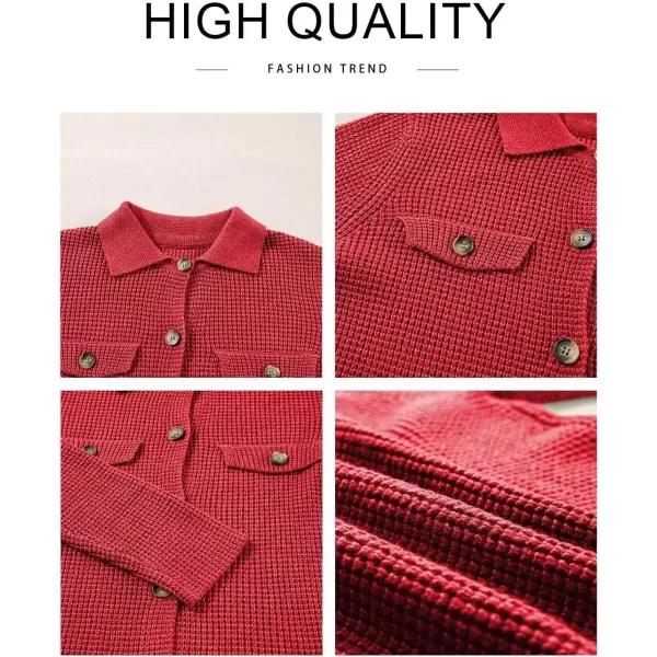 imageAstylish Women 2024 Waffle Knit Shacket Jacket Casual Long Sleeve Sweater Button Down Shirts Dressy Blouse TopsRacing Red