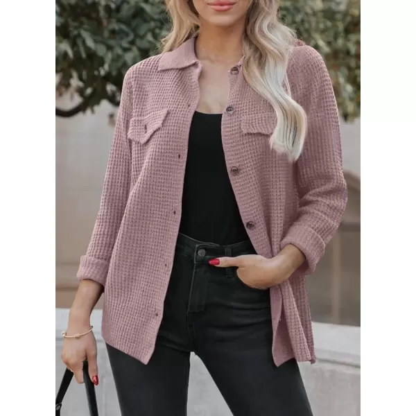 imageAstylish Women 2024 Waffle Knit Shacket Jacket Casual Long Sleeve Sweater Button Down Shirts Dressy Blouse TopsT Pink