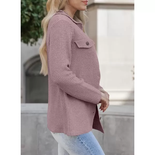 imageAstylish Women 2024 Waffle Knit Shacket Jacket Casual Long Sleeve Sweater Button Down Shirts Dressy Blouse TopsT Pink