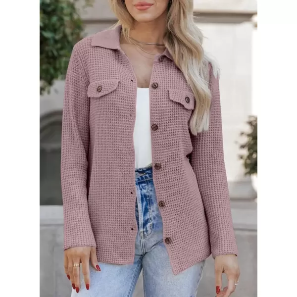 imageAstylish Women 2024 Waffle Knit Shacket Jacket Casual Long Sleeve Sweater Button Down Shirts Dressy Blouse TopsT Pink