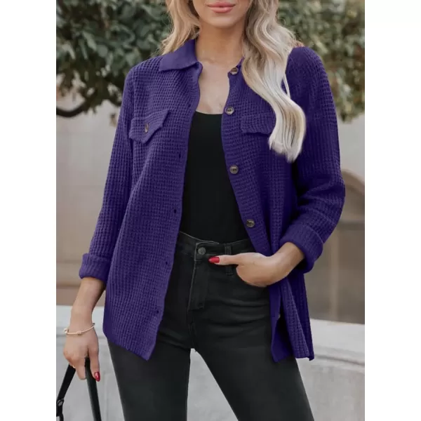 imageAstylish Women 2024 Waffle Knit Shacket Jacket Casual Long Sleeve Sweater Button Down Shirts Dressy Blouse TopsT Purple