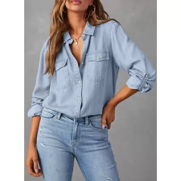 imageAstylish Women Button Down Denim Shirt Casual Long Sleeve V Neck Chambray Blouse TopsBeau Blue