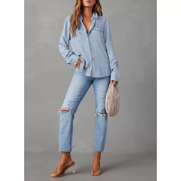 imageAstylish Women Button Down Denim Shirt Casual Long Sleeve V Neck Chambray Blouse TopsBeau Blue