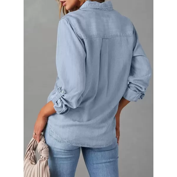 imageAstylish Women Button Down Denim Shirt Casual Long Sleeve V Neck Chambray Blouse TopsBeau Blue