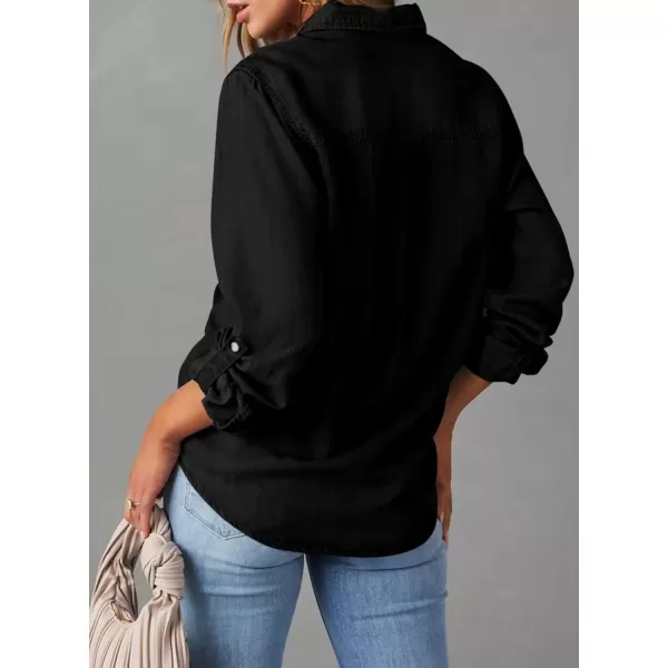 imageAstylish Women Button Down Denim Shirt Casual Long Sleeve V Neck Chambray Blouse TopsBlack