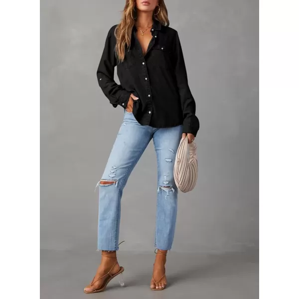 imageAstylish Women Button Down Denim Shirt Casual Long Sleeve V Neck Chambray Blouse TopsBlack