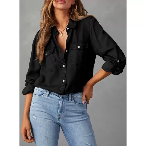 imageAstylish Women Button Down Denim Shirt Casual Long Sleeve V Neck Chambray Blouse TopsBlack