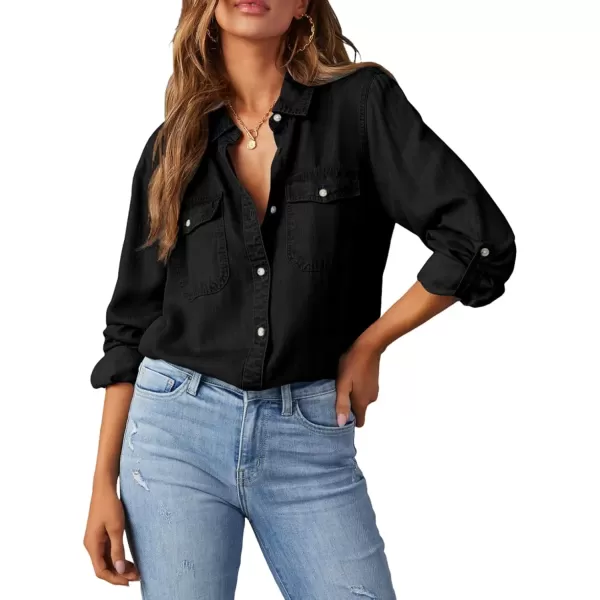 imageAstylish Women Button Down Denim Shirt Casual Long Sleeve V Neck Chambray Blouse TopsBlack