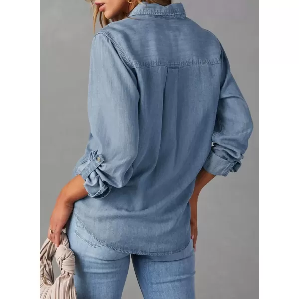 imageAstylish Women Button Down Denim Shirt Casual Long Sleeve V Neck Chambray Blouse TopsDusk Blue