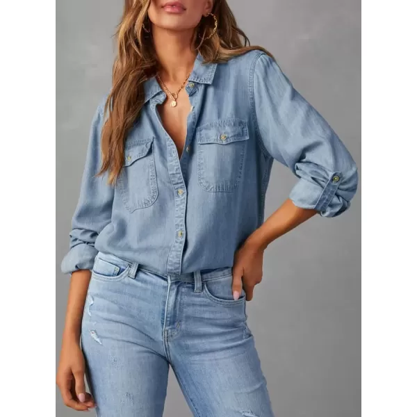 imageAstylish Women Button Down Denim Shirt Casual Long Sleeve V Neck Chambray Blouse TopsDusk Blue