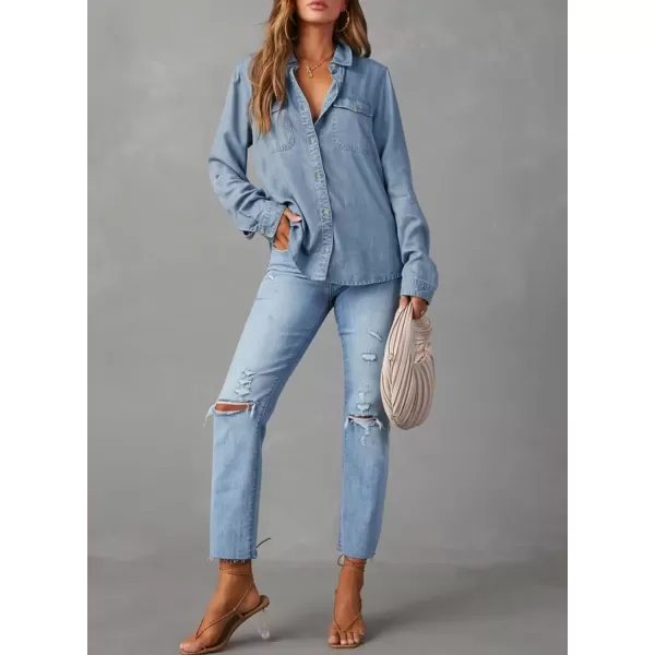 imageAstylish Women Button Down Denim Shirt Casual Long Sleeve V Neck Chambray Blouse TopsDusk Blue