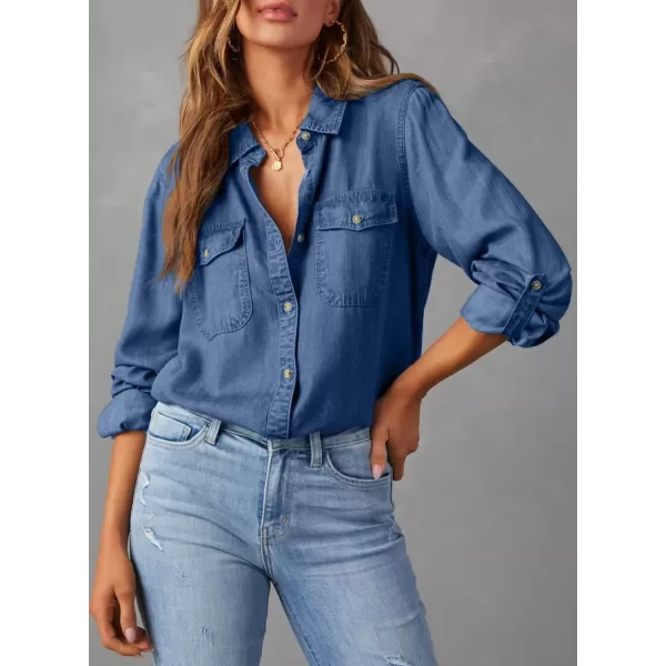 imageAstylish Women Button Down Denim Shirt Casual Long Sleeve V Neck Chambray Blouse TopsSail Blue