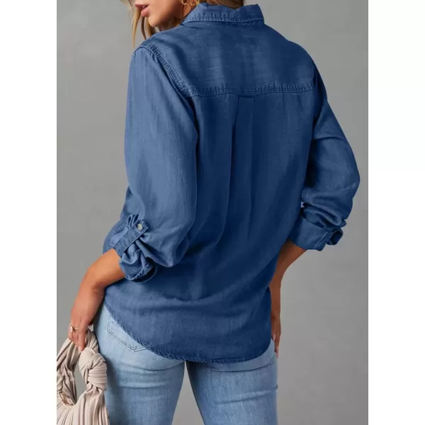 imageAstylish Women Button Down Denim Shirt Casual Long Sleeve V Neck Chambray Blouse TopsSail Blue