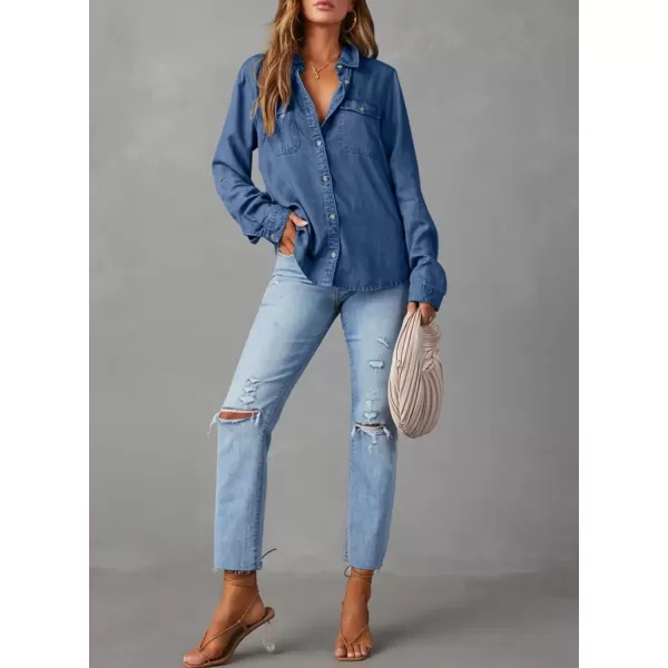 imageAstylish Women Button Down Denim Shirt Casual Long Sleeve V Neck Chambray Blouse TopsSail Blue