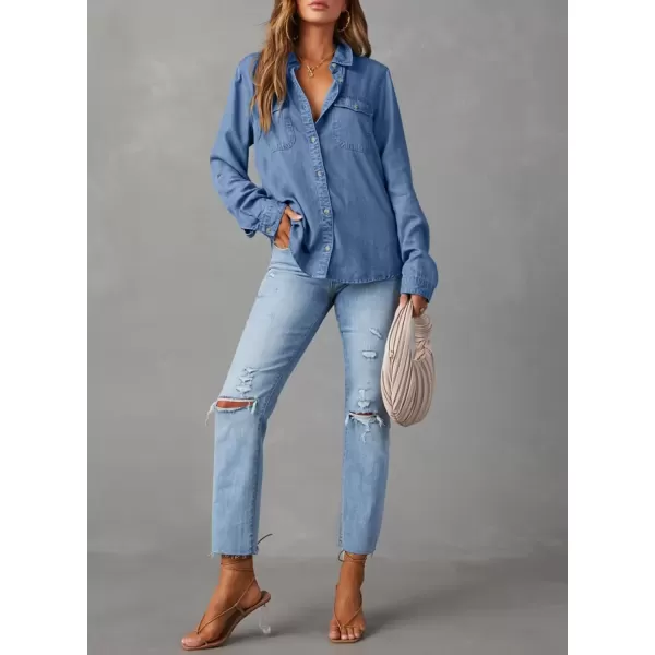 imageAstylish Women Button Down Denim Shirt Casual Long Sleeve V Neck Chambray Blouse TopsSky Blue