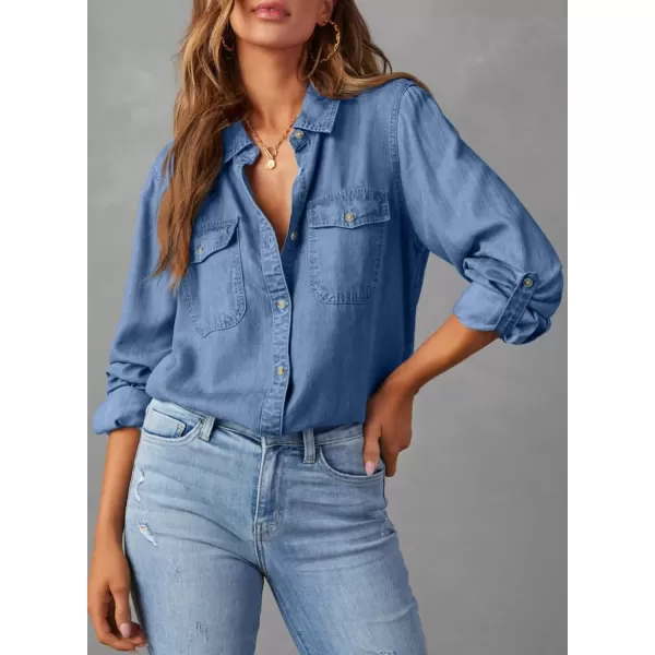 imageAstylish Women Button Down Denim Shirt Casual Long Sleeve V Neck Chambray Blouse TopsSky Blue