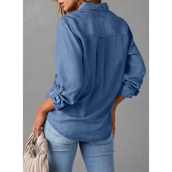 imageAstylish Women Button Down Denim Shirt Casual Long Sleeve V Neck Chambray Blouse TopsSky Blue