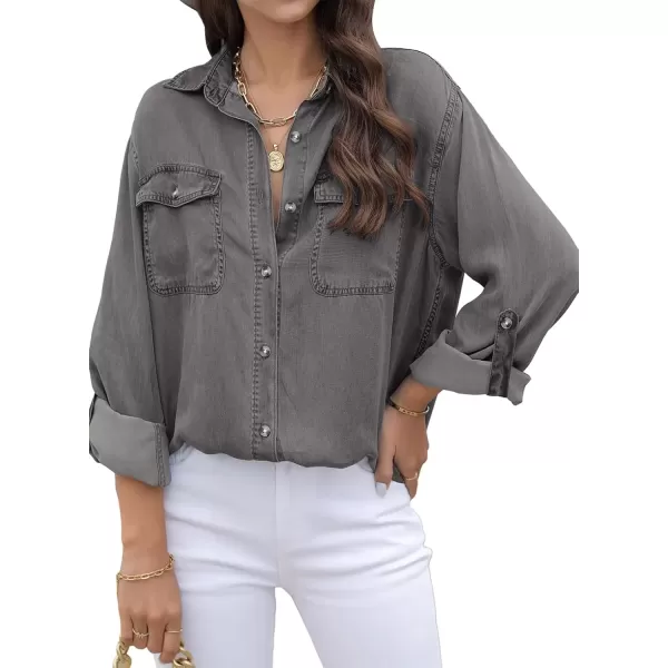 imageAstylish Women Button Down Denim Shirt Casual Long Sleeve V Neck Chambray Blouse TopsT Gray