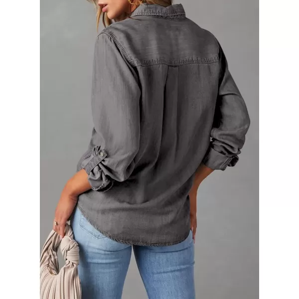 imageAstylish Women Button Down Denim Shirt Casual Long Sleeve V Neck Chambray Blouse TopsT Gray