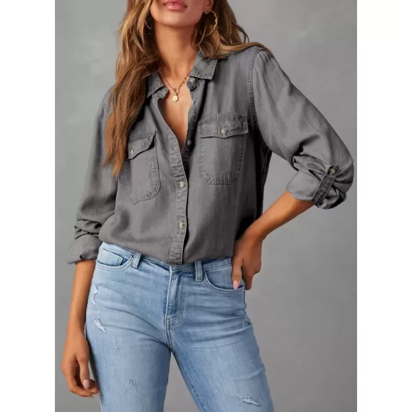imageAstylish Women Button Down Denim Shirt Casual Long Sleeve V Neck Chambray Blouse TopsT Gray