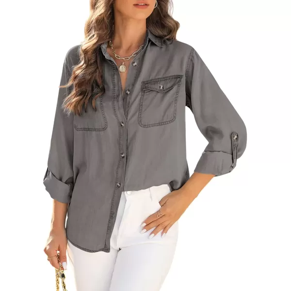 imageAstylish Women Button Down Denim Shirt Casual Long Sleeve V Neck Chambray Blouse TopsT Gray