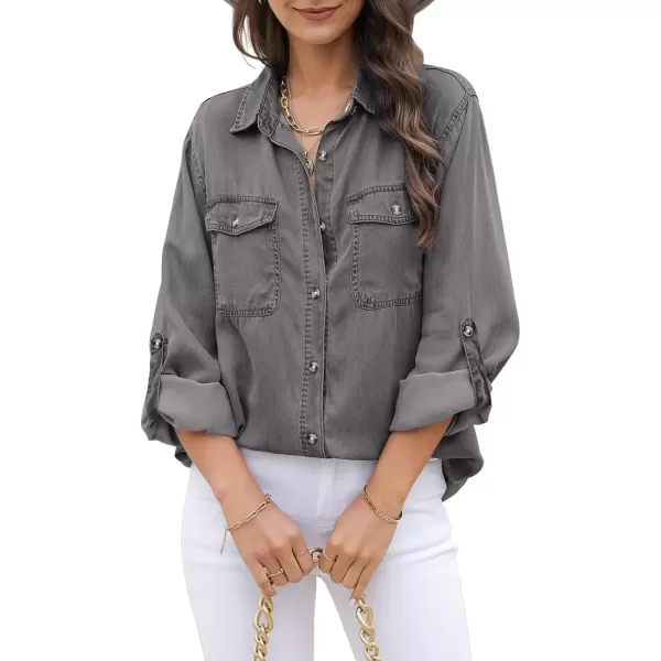 imageAstylish Women Button Down Denim Shirt Casual Long Sleeve V Neck Chambray Blouse TopsT Gray
