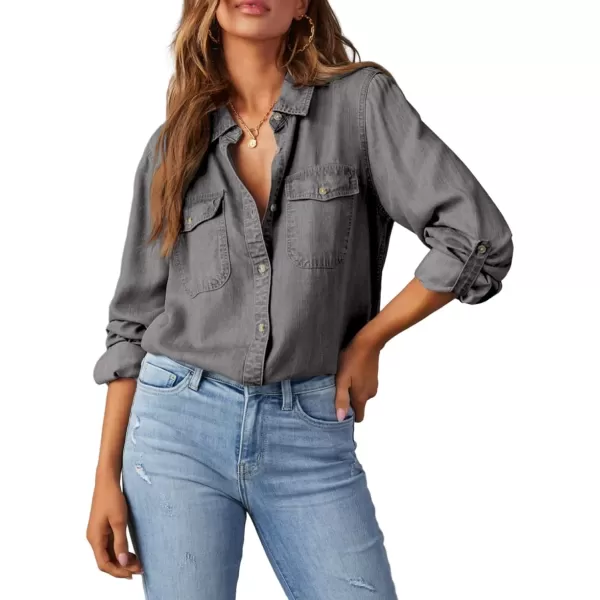 imageAstylish Women Button Down Denim Shirt Casual Long Sleeve V Neck Chambray Blouse TopsT Gray