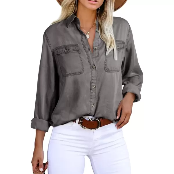 imageAstylish Women Button Down Denim Shirt Casual Long Sleeve V Neck Chambray Blouse TopsT Gray