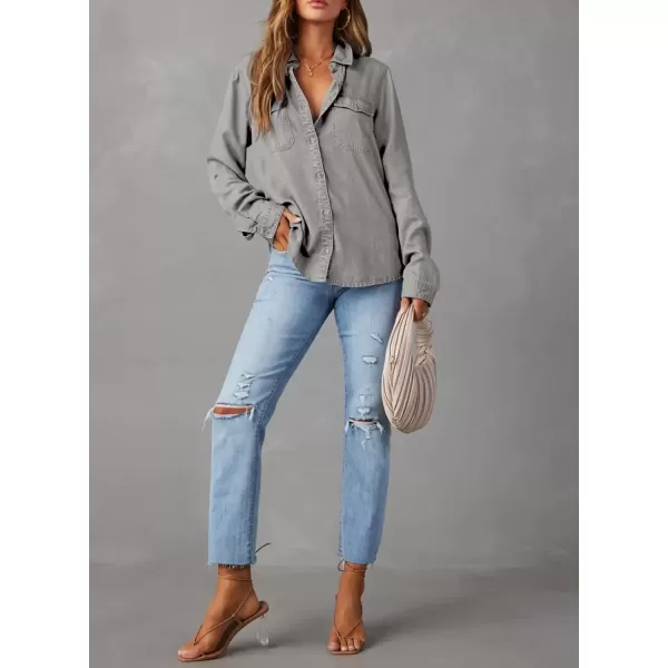 imageAstylish Women Button Down Denim Shirt Casual Long Sleeve V Neck Chambray Blouse TopsT Light Grey