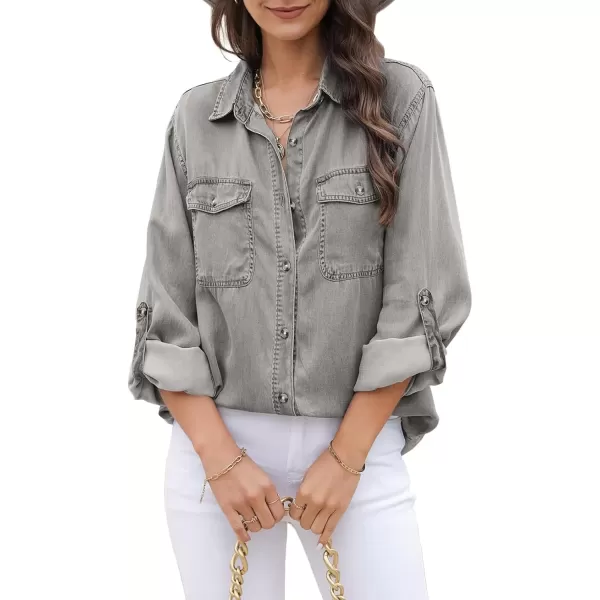 imageAstylish Women Button Down Denim Shirt Casual Long Sleeve V Neck Chambray Blouse TopsT Light Grey