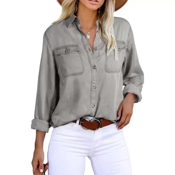 imageAstylish Women Button Down Denim Shirt Casual Long Sleeve V Neck Chambray Blouse TopsT Light Grey