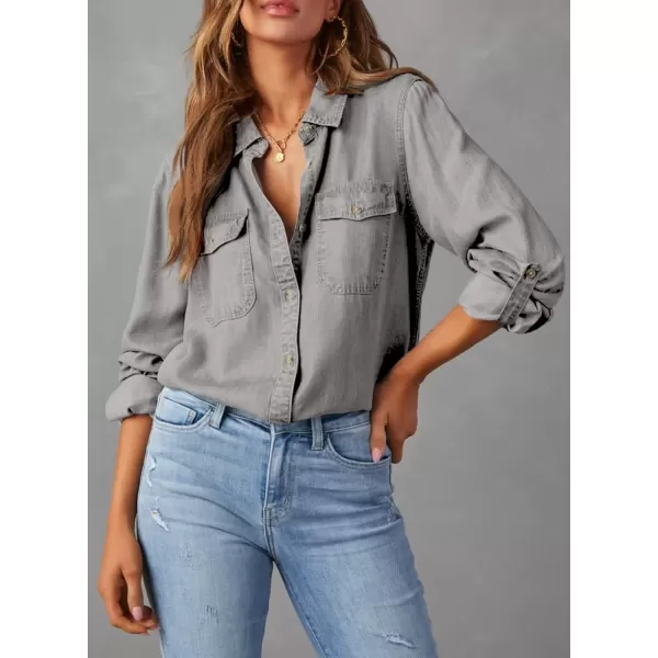 imageAstylish Women Button Down Denim Shirt Casual Long Sleeve V Neck Chambray Blouse TopsT Light Grey