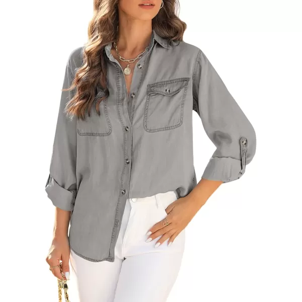 imageAstylish Women Button Down Denim Shirt Casual Long Sleeve V Neck Chambray Blouse TopsT Light Grey