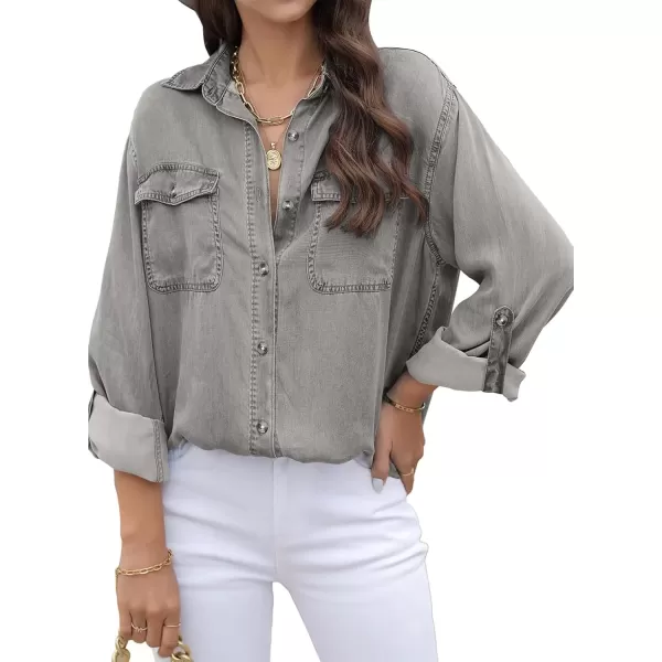 imageAstylish Women Button Down Denim Shirt Casual Long Sleeve V Neck Chambray Blouse TopsT Light Grey