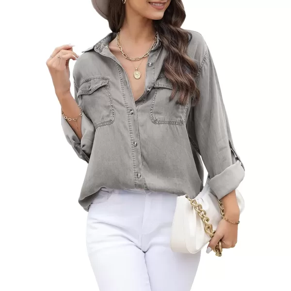 imageAstylish Women Button Down Denim Shirt Casual Long Sleeve V Neck Chambray Blouse TopsT Light Grey