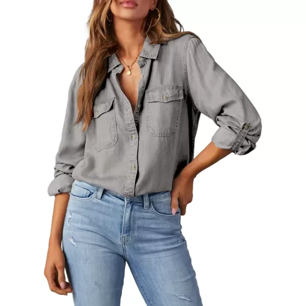 imageAstylish Women Button Down Denim Shirt Casual Long Sleeve V Neck Chambray Blouse TopsT Light Grey