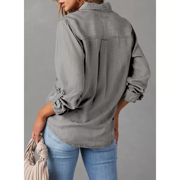 imageAstylish Women Button Down Denim Shirt Casual Long Sleeve V Neck Chambray Blouse TopsT Light Grey