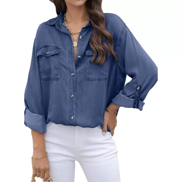 imageAstylish Women Button Down Denim Shirt Casual Long Sleeve V Neck Chambray Blouse TopsZ Ashleigh Blue