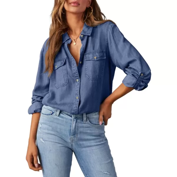 imageAstylish Women Button Down Denim Shirt Casual Long Sleeve V Neck Chambray Blouse TopsZ Ashleigh Blue