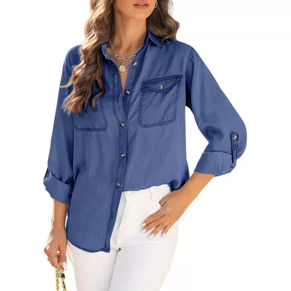 imageAstylish Women Button Down Denim Shirt Casual Long Sleeve V Neck Chambray Blouse TopsZ Ashleigh Blue