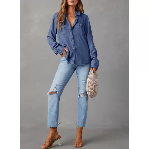 imageAstylish Women Button Down Denim Shirt Casual Long Sleeve V Neck Chambray Blouse TopsZ Ashleigh Blue