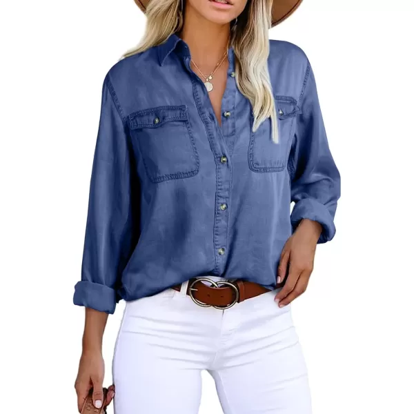imageAstylish Women Button Down Denim Shirt Casual Long Sleeve V Neck Chambray Blouse TopsZ Ashleigh Blue