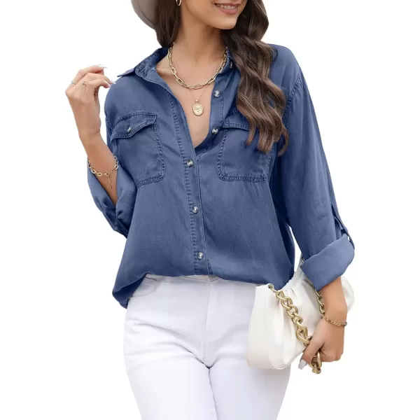 imageAstylish Women Button Down Denim Shirt Casual Long Sleeve V Neck Chambray Blouse TopsZ Ashleigh Blue